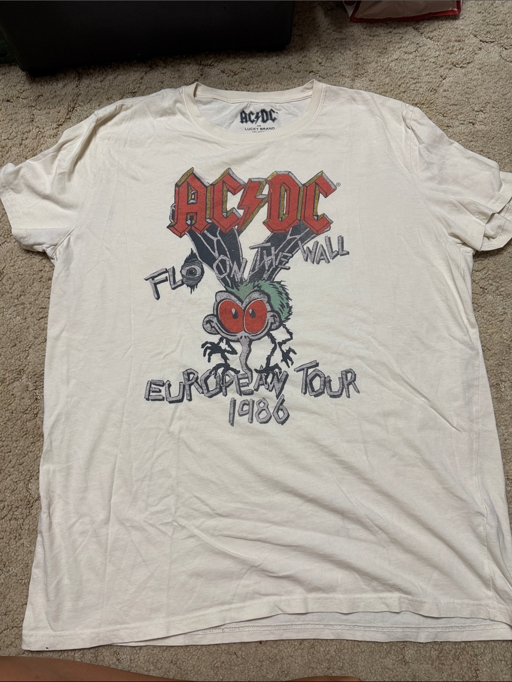 AC/DC White Tee with Red Logo and Green Fly Graphic